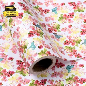 Floral Wrapping Paper Roll - 17 Inch X 16.5 Feet - Glitter Floral Butterfly Wrap - Picture 1 of 6