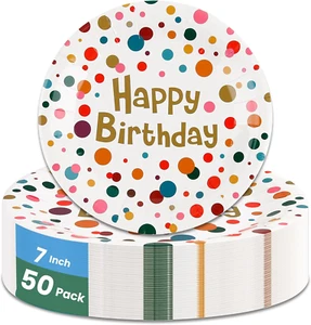 50 Count Disposable Paper Plates, 7 Inches Happy Birthday Dessert Plates, Suppli - Picture 1 of 12
