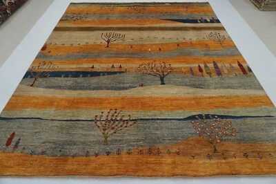 Небольшой шерстяной ковер ручной вязки племенной афганский Gabbeh оранжевый серый пейзаж 8x10 - Изображение 1 из 4