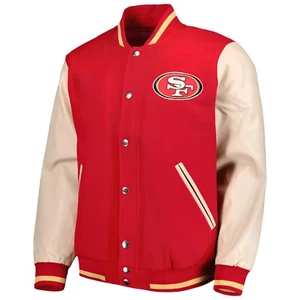 San Francisco 49ers Red Body Cream Leather Letterman Jacket Varsity Jacket - Picture 1 of 5