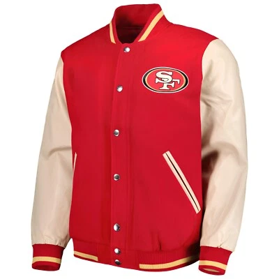 San Francisco 49ers Red Body Cream Leather Letterman Jacket Varsity Jacket - Image 1 of 4
