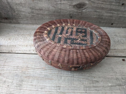 Antique Chinese Sewing Basket Wicker Bamboo Oval Needs TLC Cover