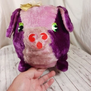 Vintage 60er Jahre The Rushton Co. Potbelly Schwein lila rosa fest Stofftier 12x8 Zoll SELTEN - Bild 1 von 10