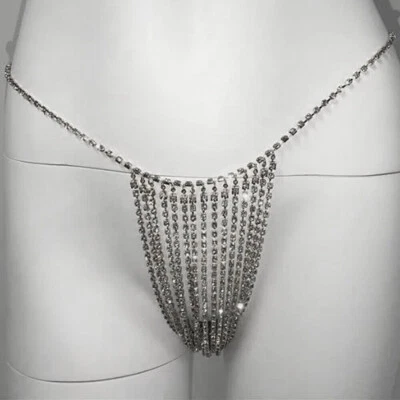 Sexy Rhinestone Thong Panty Silver White Body Chain Underwear Lingerie - Image 1 of 4