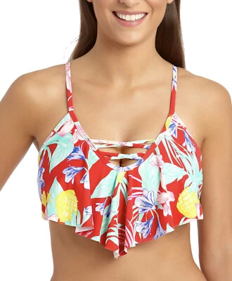 CALIFORNIA WAVES Juniors Tropic Flounce Bikini Top sz Medium Red Floral Swimwear - Image 1 of 4