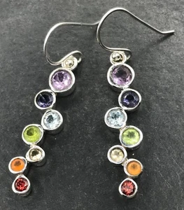 Chakra Rainbow multistone drop earrings, solid Sterling Silver, bubble. Gift box - Picture 1 of 9