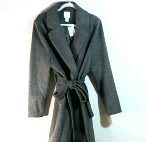 H&M Womens Gray Houndsteeth Double Breasted Belted Long Coat size XXL NEW - Picture 1 of 12