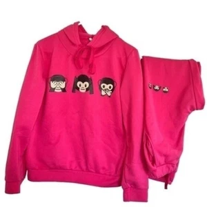 Pink Hoodie & Sweatpants Set W/ See-No-Evil Monkey Prints Girls Size XL 2pc set - Picture 1 of 15