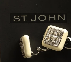 Pendientes St John Modernos Crema Esmalte/Cristal Clip-On Botón Nuevos con Etiquetas Precio de venta sugerido por el fabricante $130 - Imagen 1 de 1