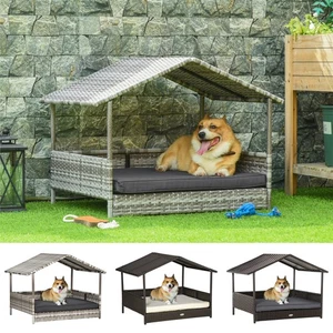 Wicker Dog House, Rattan Pet Bed with Soft Cushion, Canopy, Cat House - Picture 1 of 34