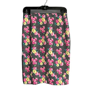 Betsey Johnson Pink and Black Floral and Polka Dot Print Pull On Pencil Skirt Sm - Image 1 of 4