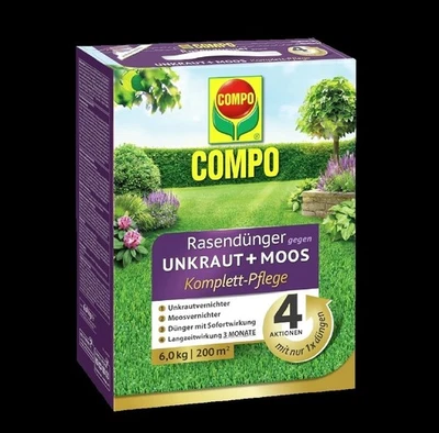 Compo Rasendünger gegen Unkraut + Moos 6 kg 200 m² 4in1 Komplett-Pflege Floranid - Bild 1 von 2