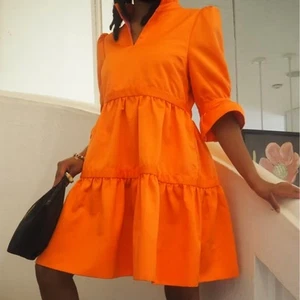 Gretchen Scott Dress XXXL Orange Tiered Puff Sleeve Collared Shift Mini Bright - Picture 1 of 11