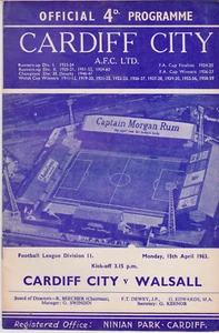 Programme / Programma Cardiff City v Walsall 15-04-1963 - Foto 1 di 1