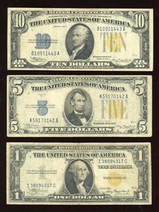 Set of 1934 $1  $5  $10  Yellow Seal North African Emergency Notes - Picture 1 of 2