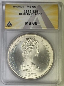 1972 $25 Cayman Island Silver Coin, Wedding Anniversary ANACS MS 66 - Picture 1 of 2