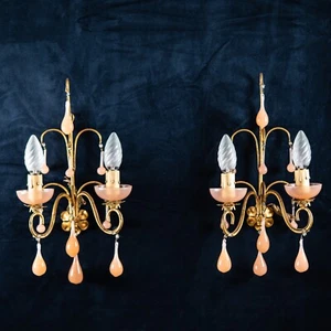 Pair Antique French Sconces Opaline Glass Pink  Drops Wall Lights 1930s - Picture 1 of 16