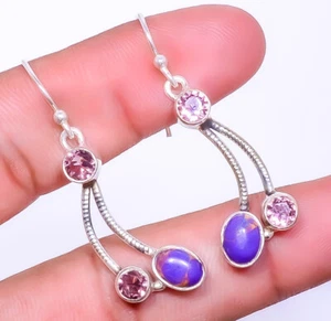 Copper Purple Turquoise & Amethyst 925 Silver Earring 1.76" E55-27 - Picture 1 of 2
