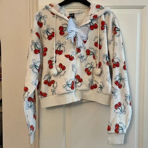 Cold Crush Women White Cherry+Bow-Knot Fleece Zipper Long Sleeve Hood Jacket, S - Picture 1 of 10