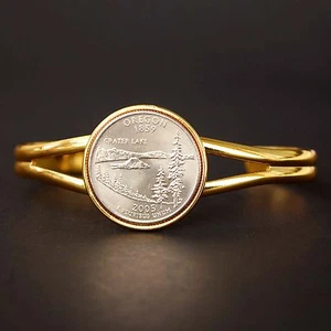 US 2005 Oregon State Quarter Coin Gold Plated Cuff Bracelet - Beautiful - Picture 1 of 5