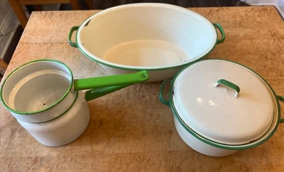 Vintage Cream/GREEN Enamelware OVAL Wash Basin Pot Boiler Farmhouse Set - Image 1 of 4