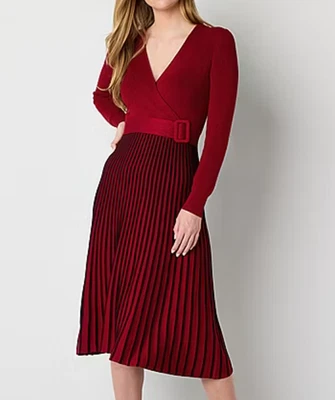 Robbie Bee Women's Long Sleeve Belted Striped Midi Sweater Dress Red Size L NWT - Image 1 of 4