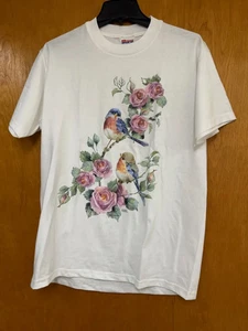 Neu Vintage Hanes Heavyweight Medium weiß Vogel Rose Blumen Grafik T-Shirt Natur  - Bild 1 von 4