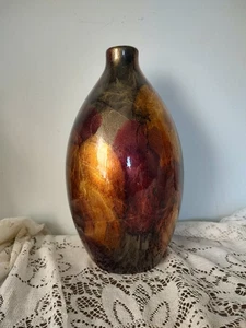 Metall 13" Vase Keramik unsigniert Gold Grün Burgund Herbst Abstrakte Kunst - Bild 1 von 9