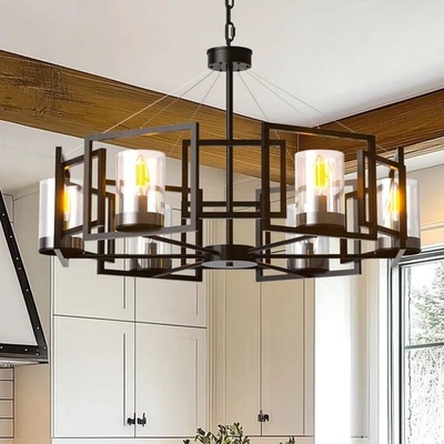 黑色吊灯客厅6灯悬挂照明灯具玻璃灯罩 — 第 1/4 张图片