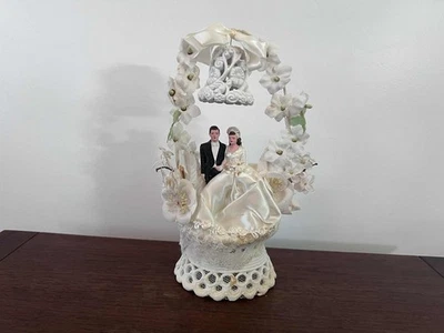 Vintage Wedding Cake Topper Flower Arch Bride And Groom Sugar Base And Bell - Image 1 of 4