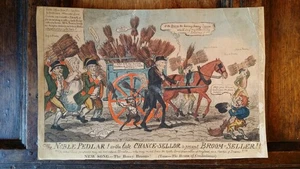 IMPRESIÓN SATÍRICA ANTIGUA 1816 - GEORGE CRUIKSHANK - VENDEDOR DE ESCOBAS O VENDEDORES AMBULANTES NOBLES - Imagen 1 de 12
