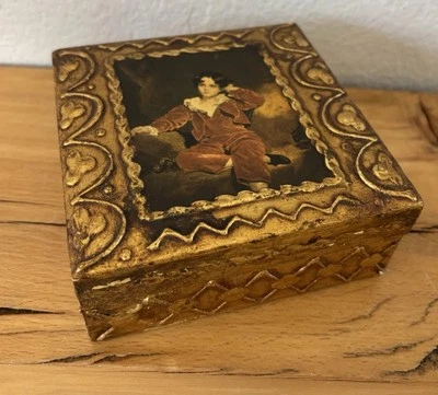 VTG Italian Florentine Wooden Gift Box Gold Gilt Trinket Box w Boy in Red Italy - Image 1 of 4