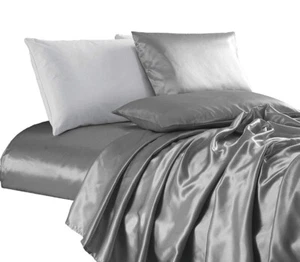 Chezmoi Collection 4 Piece Silver Bridal Satin Solid Color Sheet Set CAL KING - Picture 1 of 3