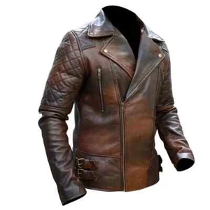 Men's Biker Classic Diamond Motorcycle Brown Distressed Vintage Leather Jacket - Foto 1 di 3