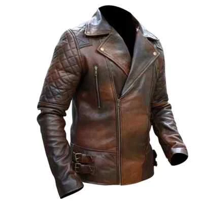 Chaqueta de cuero vintage envejecida marrón diamante clásico motociclista para hombre Foto 1 de 3