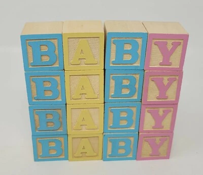 Lote de 16 cubos de madera vintage para bebés letras del alfabeto B-A-B-Y para manualidades Foto 1 de 3