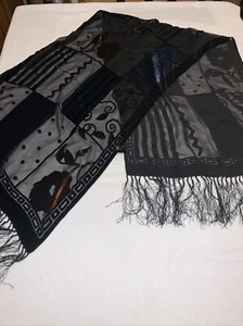100%Silk black/multicolor flowers burnout velvet silk fringed scarf/wrap - Picture 1 of 10