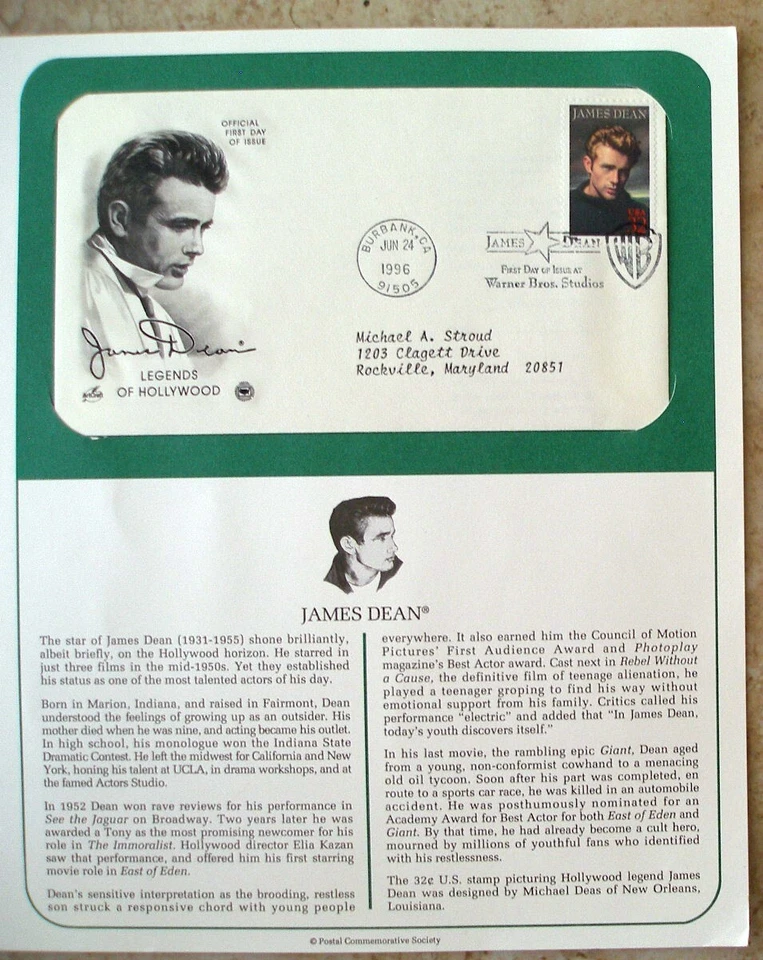 Postal Society First Day Cover FDC stamp # 3082 James Dean 32 cent 1996 - Image 1 of 1