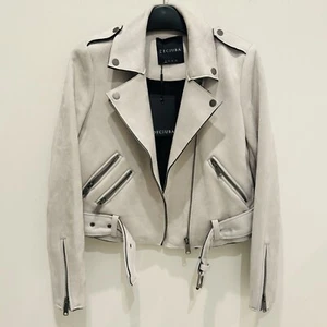 Decjuba Suede NWT womens biker jacket size 8 grey zip long sleeve Belted - Picture 1 of 9
