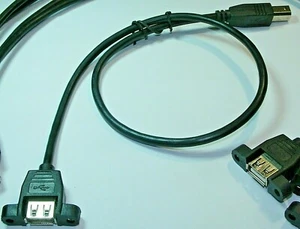 QTY5 USB BLACK CABLE 2.0 TYPE B MALE TO TYPE A FE PANEL MOUNT 12" CORD EXPEDITE - Picture 1 of 7