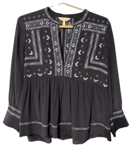 blusa rebecca taylor in seta ricamata boho navy con polsini a scatto. Taglia 6 - Foto 1 di 7