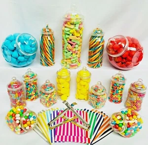 15 Plastic Sweet Jars, 8 styles, 2 tongs, 100 bags for Truly Sweet Candy Buffet - Picture 1 of 12