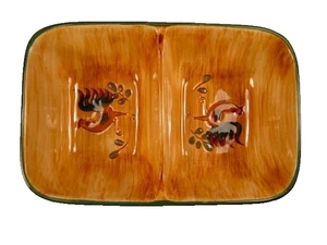 Pennsbury Pottery Vegetable Bowl Divided Red Rooster Rectangular Feathers (O2) - Picture 1 of 4
