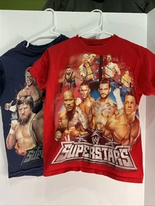 2 WWE Superstars Graphic Shirt Red Blue Youth Sz Small Large Rock Cena Punk Y2K - Picture 1 of 5