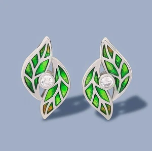 Grey Enamel Zircon Irregular Shape Stud Earrings Platinum Plated Retro - Picture 1 of 2