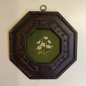 12” Antique Vtg Carved Wood Octagon Frame Needlepoint Crewel Flowers Folk Art - Picture 1 of 14