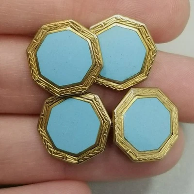 Vintage 14k Gold Front Blue Enamel Cufflinks Octagon Shape Robins Egg - Image 1 of 4