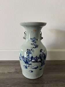 Antique 19th C Chinese Qing Porcelain Large Blue & White Celadon Vase 13-1/2" - Picture 1 of 12