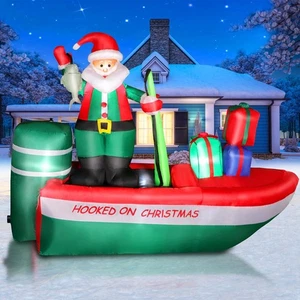 8FT Christmas Inflatables Santa Claus Fishing on a Boat with Colorful Gift Bo... - Picture 1 of 6