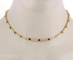 14K Yellow Gold Plated 9Ct Lab Created Ruby, Emerald & Diamond Tennis Necklace - Picture 1 of 8
